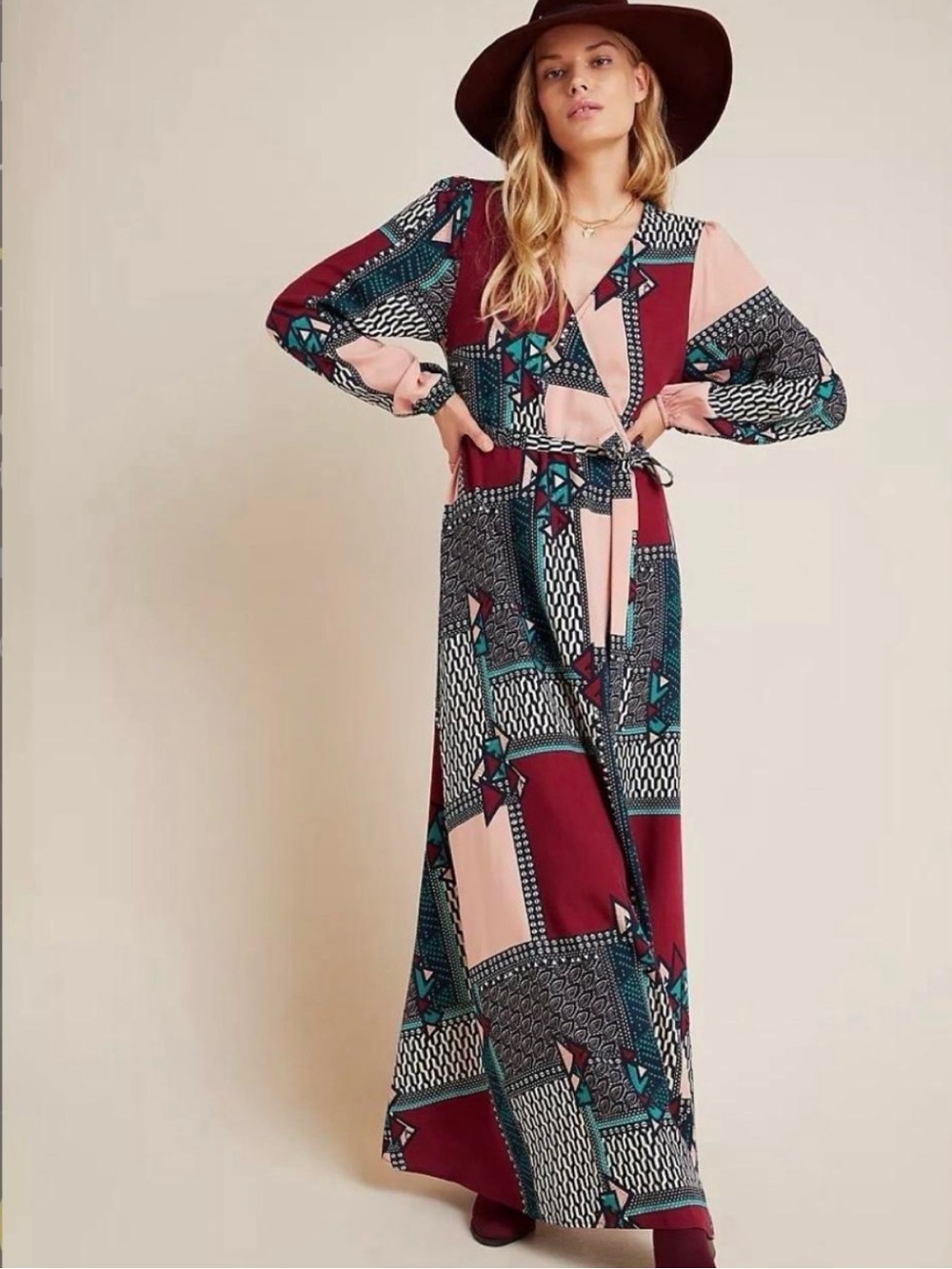 NWT Anthropologie Porridge Darling Geometric Print Wrap Maxi Dress XS